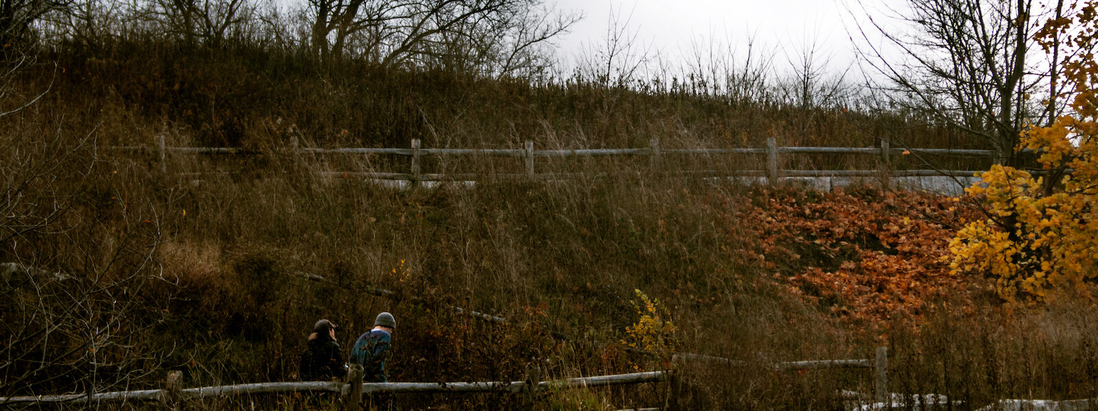A teen and an adult walking up a hill at Toronto's Evergreen Brick Works in the fall.